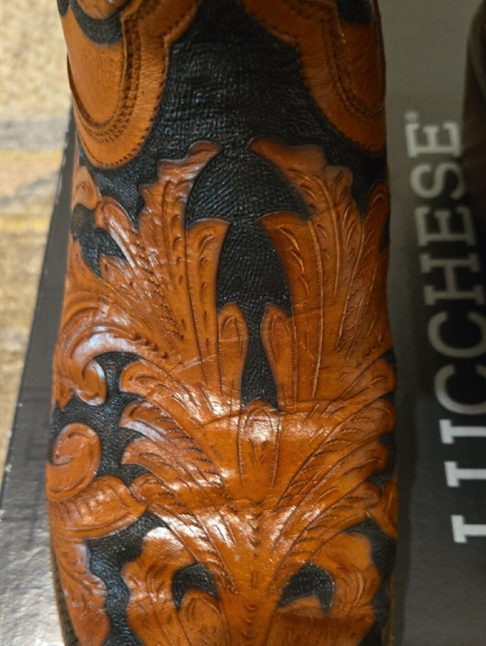 Lucchese Black And Brown Tooled Leather Cowboy Boots - Picture 8 of 9